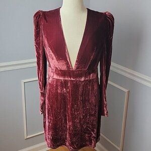 Plunge Velvet Long-Sleeve Mini Dress - Burgundy